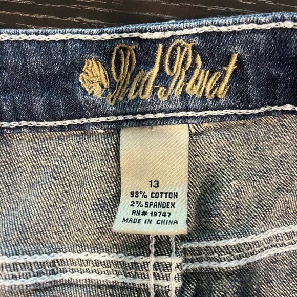 Red Rivet Denim Jean Shorts Size 13 Distressed Stretch Bling Embroidery Raw Hem - Picture 6 of 6